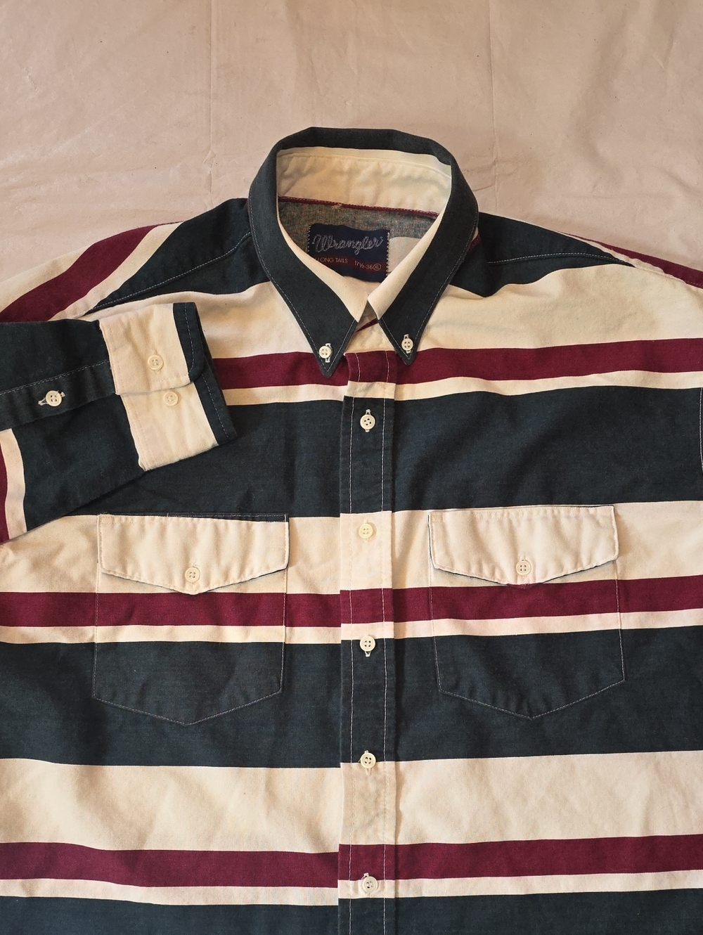 Wrangler VTG Men's X-Long Tails Striped Western Button-Down Red Green 17.5/36 XL